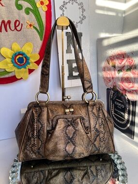 The find vintage Brown Snake-Print Shoulder Bag with Antique Gold Hardware